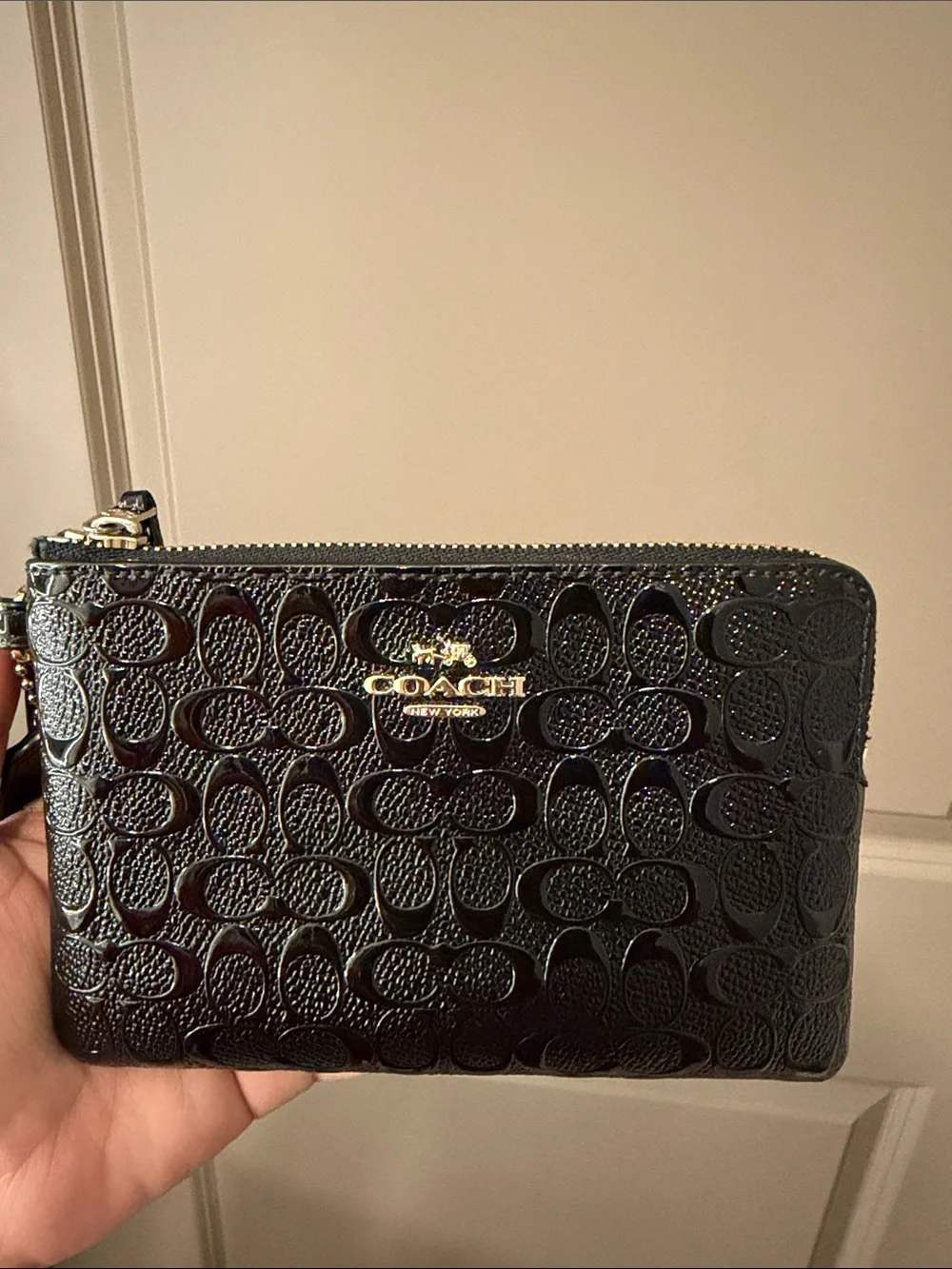 Coach Black Patent Embossed Signature Wristlet